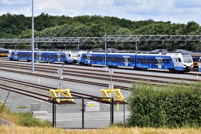 Multiple blue commuter trains lined up at a rail yard, ready for departure.